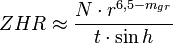 ZHR \approx \frac{N \cdot r^{6,5-m_{gr}}}{t \cdot \sin h}